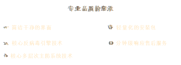 文本框: 專業(yè)品質(zhì)的繼承
&, #1;, 3;, &#, 10;, ;F, 簡潔干凈的界面 I 輕量化的安裝包
@ 核心反病毒引擎技術(shù) J 分鐘級響應(yīng)售后服務(wù)
C 核心多層次主防系統(tǒng)技術(shù)