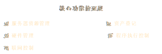 文本框: 核心功能的延展
Ð 服務(wù)器資源管理 Ñ 資產(chǎn)登記
Ò 硬件管理 Ó 程序執(zhí)行控制
Ô 聯(lián)網(wǎng)控制