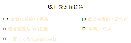 文本框: 設(shè)計交互的優(yōu)化
1 全新沉穩(wěn)的UI風(fēng)格 4 便捷易用的交互設(shè)計
2 流暢穩(wěn)定運行的性能 & 中英文切換
3 豐富的可視化界面與導(dǎo)航